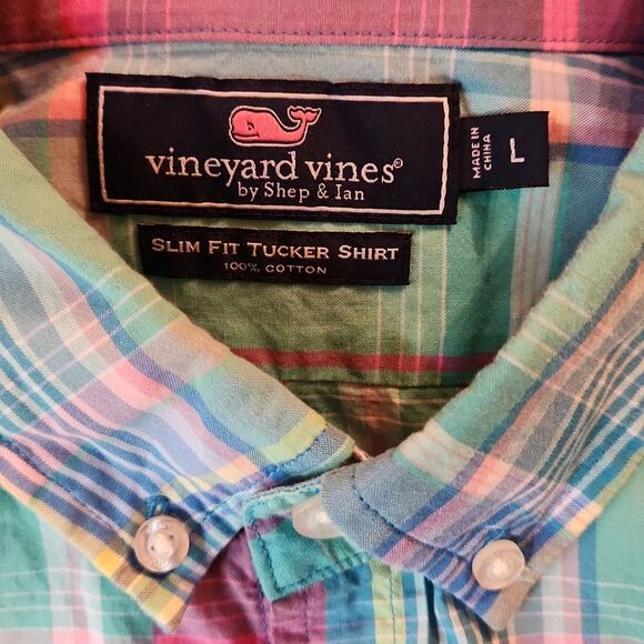 Vineyard Vines Slim Fit Tucker Button Down Shirt, Large, Green Blue & Pink Plaid - Picture 4 of 7